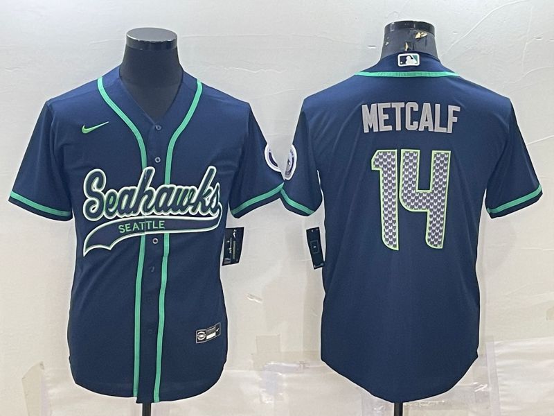 Men Seattle Seahawks 14 Metcalf Blue 2022 Nike Co branded NFL Jersey